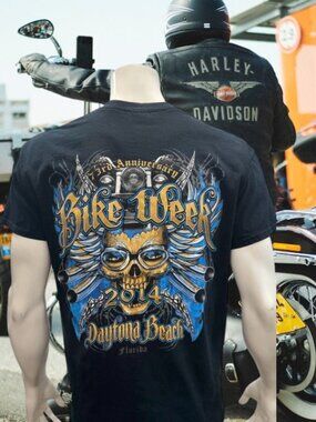 2014 Daytona Beach Bike Week Motorcycle Black Blue Skull Double Side Graphic Tee